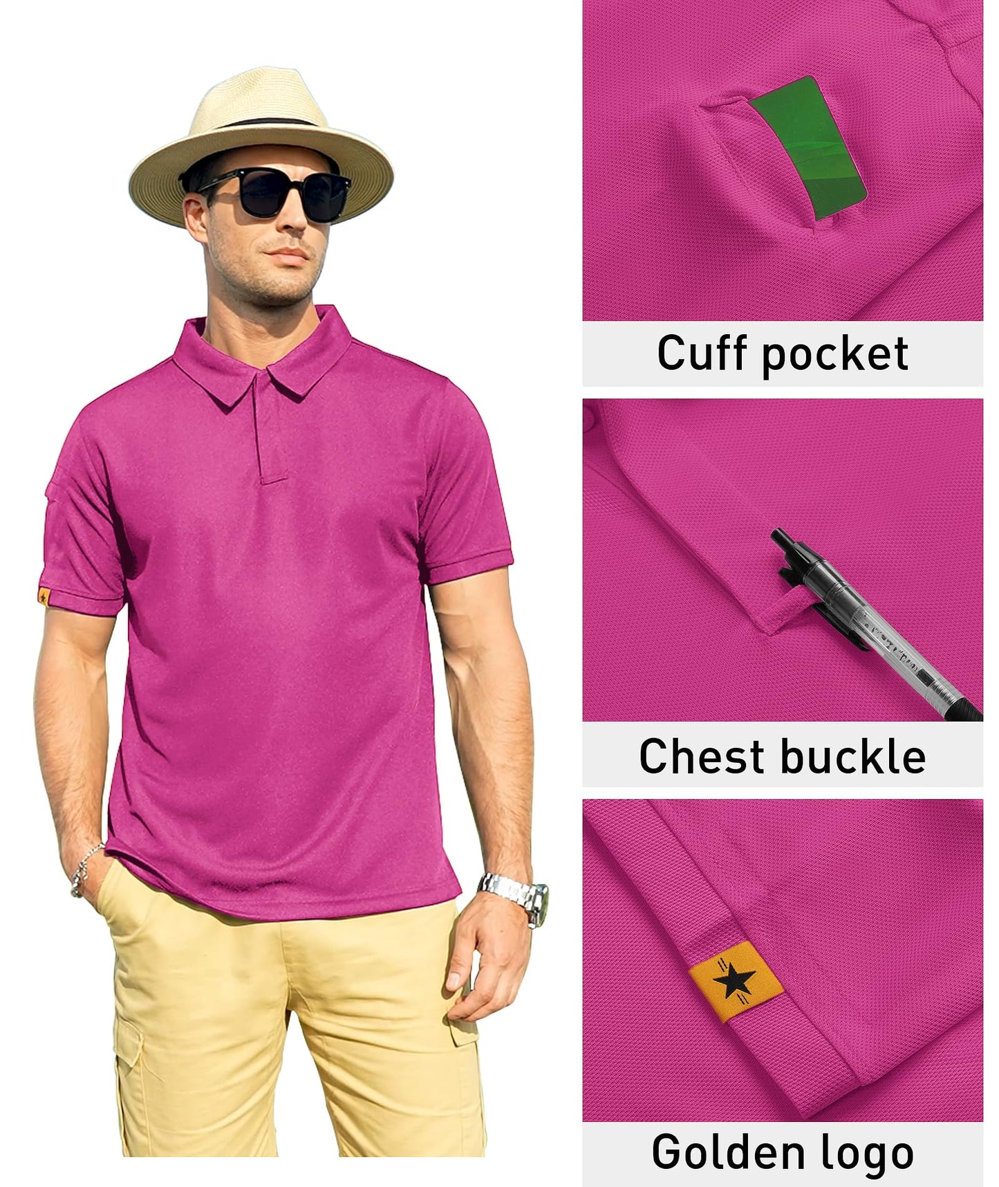 ZITY Mens Polo Shirt Short Sleeve Sports Tactical T-Shirt Athletic Golf Polos Daily Casual Stylish Collared Shirts for Men Rose Medium