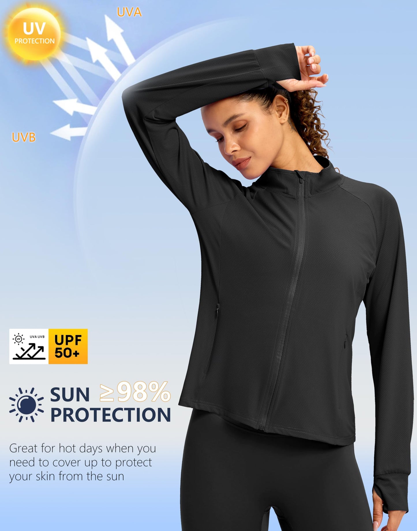 G Gradual Women's UPF 50+ Lightweight Athletic Jacket Sun Protection Zip Up 4 Pockets Long Sleeve Shirts Workout Running, Black, L