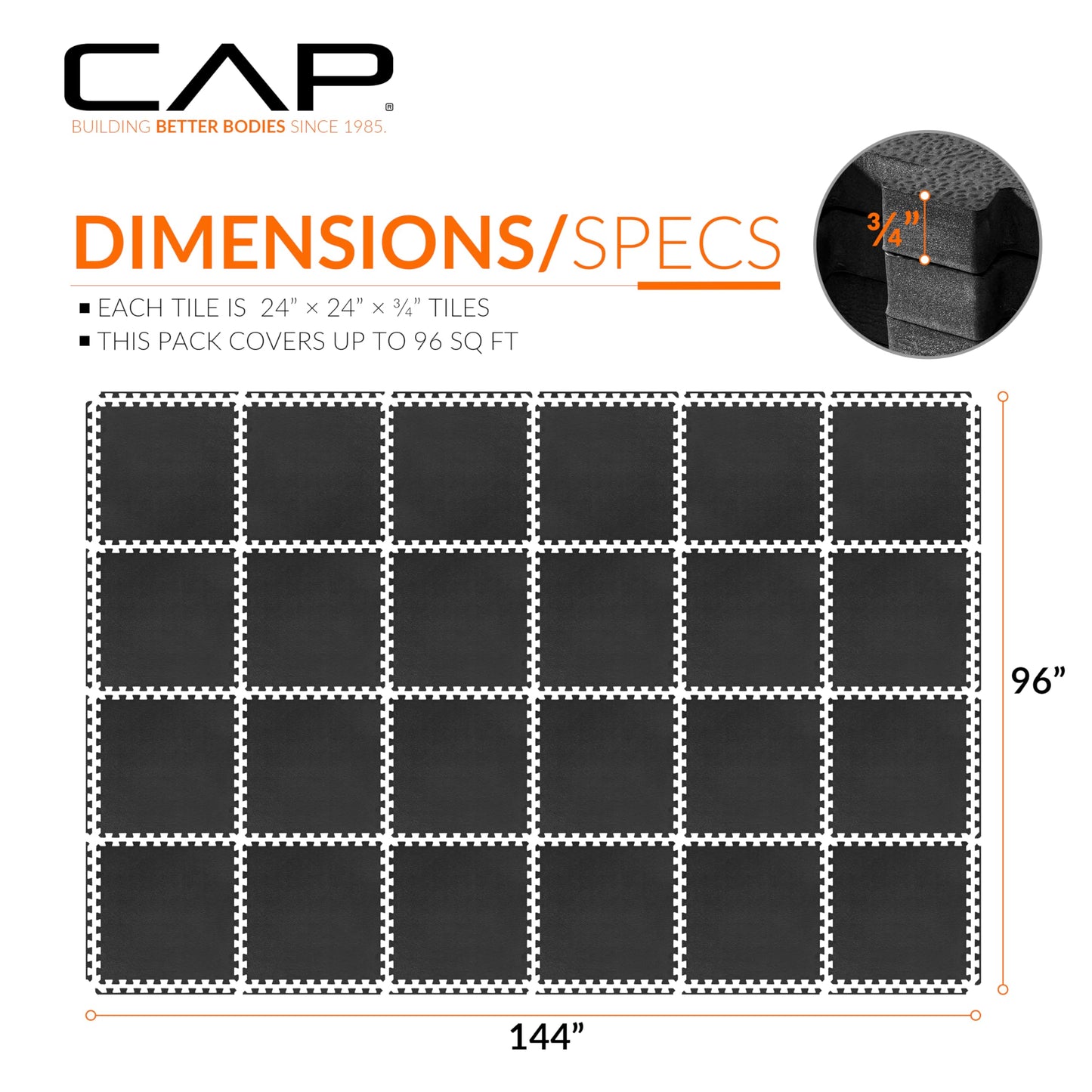 CAP Barbell 3/4-Inch Interlocking EVA Foam Exercise Puzzle Mat Home Gym Flooring - 4 Pack | 24" x 24" x 3/4" | Pebble Pattern - Black