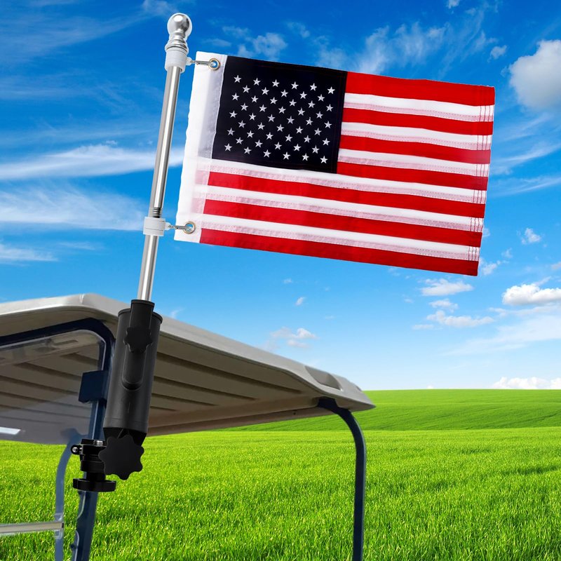 Cartalia Golf Cart Flag Holder and Flag Pole Mount Kit Universal for EZGO Club Car Yamaha, Heavy Duty Bracket for 0.7"-1.4" Round/Oval Square Rails, Golf Push Cart, Boat, Included USA Flags (12"×18")