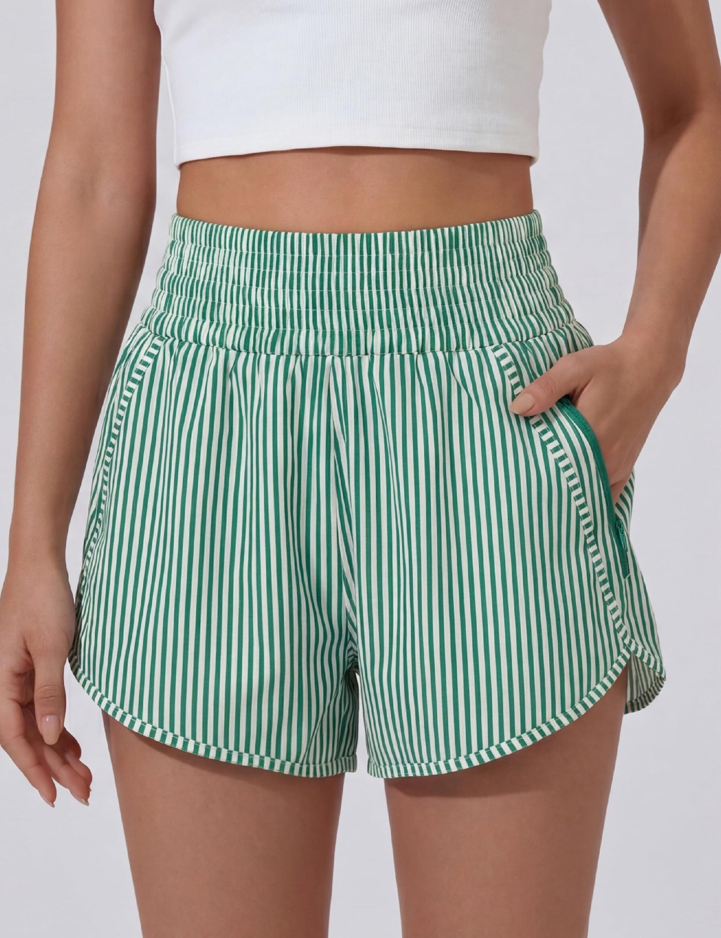 BMJL Women's Athletic Shorts High Waisted Running Short Pocket 2.5" Sporty Shorts Gym Elastic Workout Shorts(L,Green Striped)