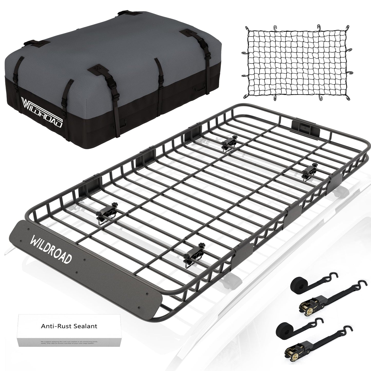 WILDROAD Car Roof Cargo Carrier Combo of Upgraded 84"x 39"x 4" Roof Rack Cargo Basket with 21 Cubic ft Cargo Carrier Bag, Super Duty Bungee Cargo Net and Ratchet Straps Fits for SUV Truck Cars