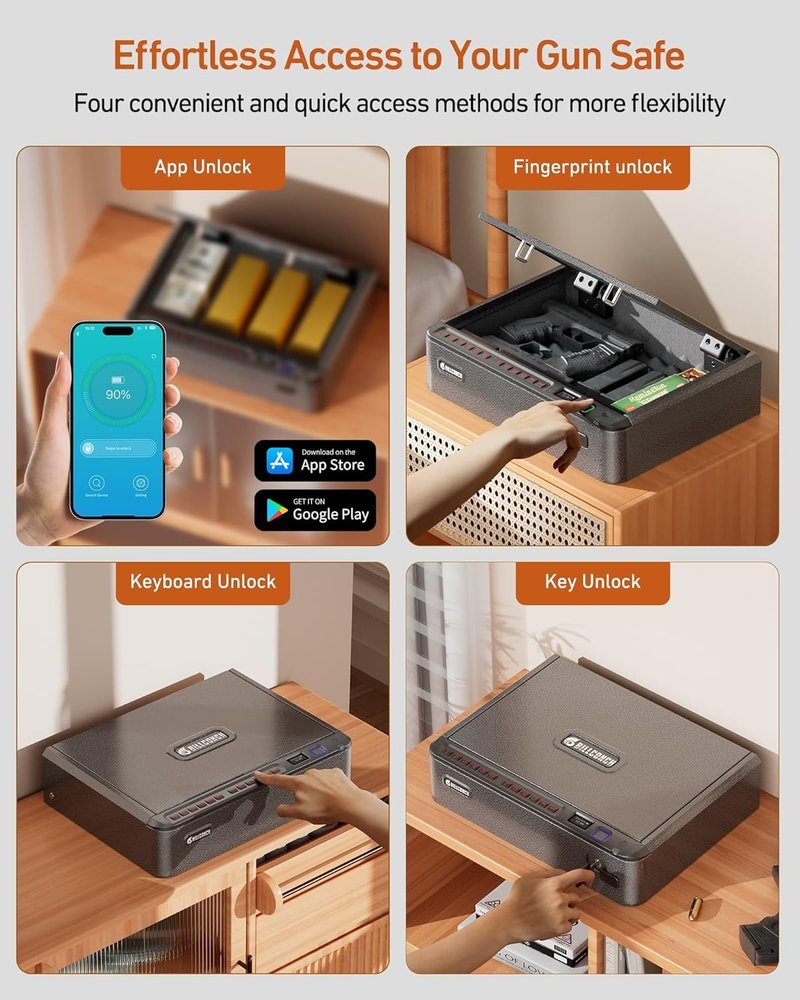 Smart Gun Safe - Biometric Pistol Safe with 4 Access Methods, LCD & Voice Guide | Nightstand & Car Security