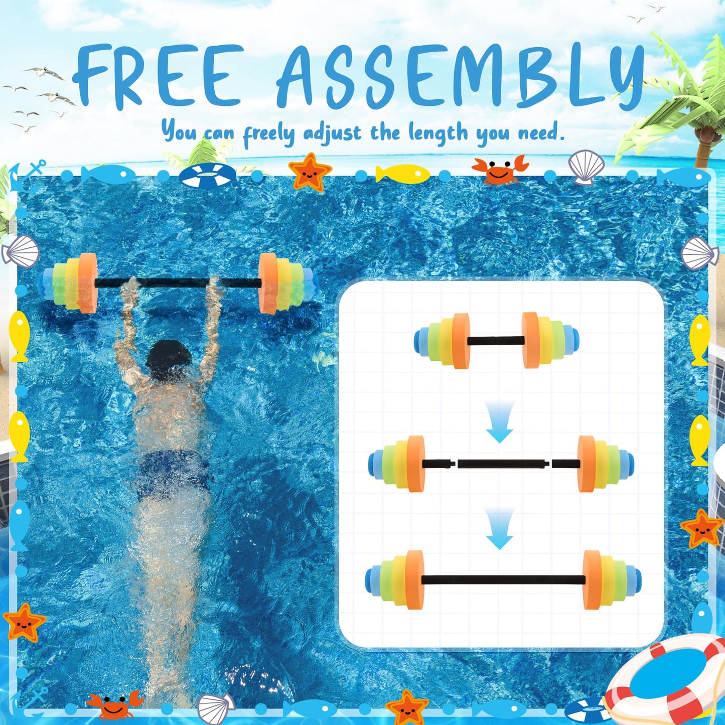 RoundFunny Adjustable 30.7" Aquatic Exercise Dumbbells Water Dumbbell Pool Resistance Aquatic Fitness Swim Barbell with 4 High-density EVA Foam for Water Aerobics Weight Loss