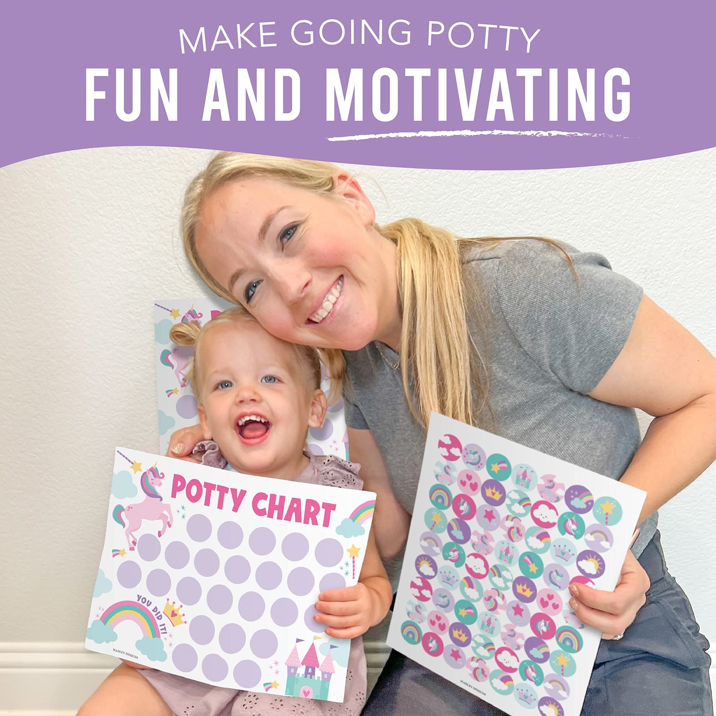 Hadley Designs Potty Training Chart for Toddlers Girls -10 Sticker Potty Chart for Toddlers Girls, 8.5x11" Potty Training Sticker Charts for Toilet Success, Unicorn Toddler Reward Chart for Kids
