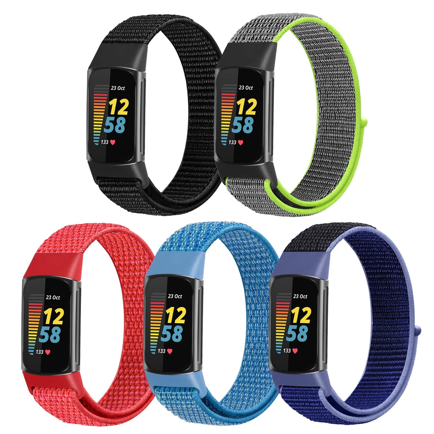 WNIPH Nylon Loop Watch Bands Compatible with Fitbit Charge 6/Charge 5 Bands, 5 Pack Adjustable Soft Breathable Sport Loop Wristband Replacement Straps for Charge 5/Charge 6 Women Men
