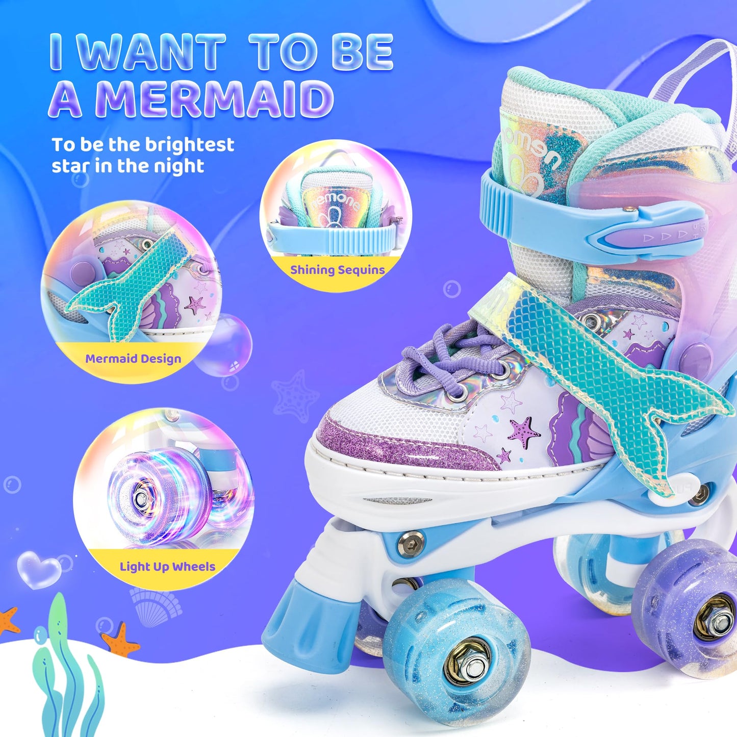 NEMONE Mermaid 4 Size Adjustable Light up Roller Skates for Girls, Blue Purple Skates for Toddlers, Beginner Kids Roller Skates Indoor Outdoor (Blue M)