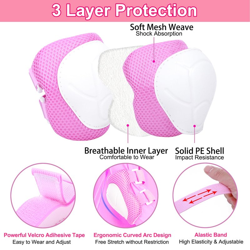 DINILEMU Kids Bike Helmet with DIY Stickers and Knee Pads Elbow Pads Wrist Guard Set for Ages 3-5-8 Toddler Boys Girls Helmet for Roller Skates Cycling Skateboarding Bicycle Scooter-Pink