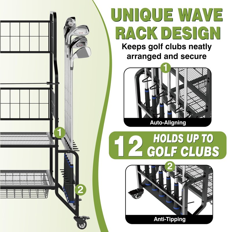 Fitpoint Golf Bag Storage Garage Organizer Golf Bag Stand Fits 2 Bags Extra Clubs Balls Shoes Golf Equipment Accessories Golf Storage Rack for Garage Club Shed