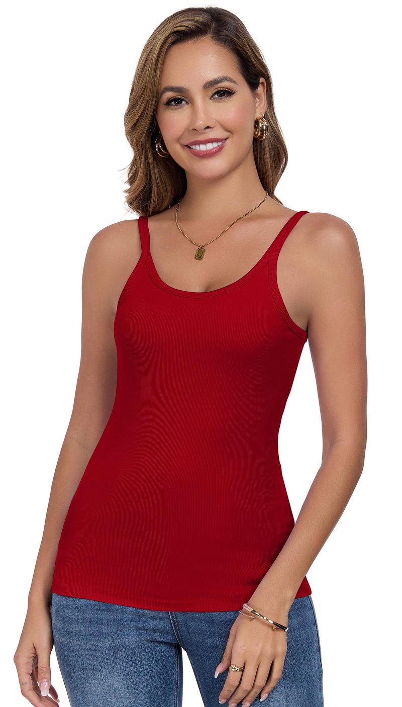 Summer Womens Tank Tops 2025 Scoop Neck Fitted Sleeveless Shirts for Women Ribbed Basic Top Dark Red Large