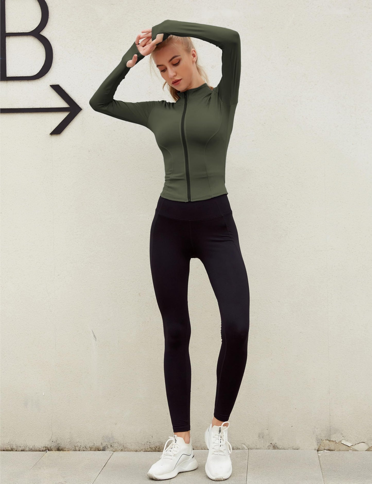 Lviefent Womens Lightweight Full Zip Running Track Jacket Workout Slim Fit Yoga Sportwear with Thumb Holes (Army Green, Medium)