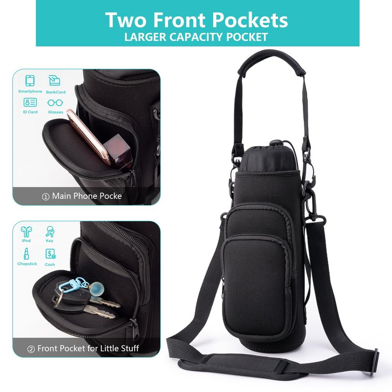 Water Bottle Carrier Bag,Water Bottle Holder with Straps Phone Pockets Fits Stanley IceFlow Owala 16/24/32/40oz Tumbler(Black)