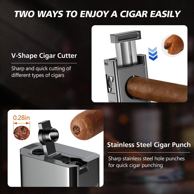 Tesonway Cigar Torch Lighter, 4 Jet Flame Cigar Lighter with Cigar Cutter V Cut Cigar Accessories Cigar Holder Cigar Punch Cigar Draw Enhancer, Windproof Refillable Butane Lighter, Cigar Gifts for Men