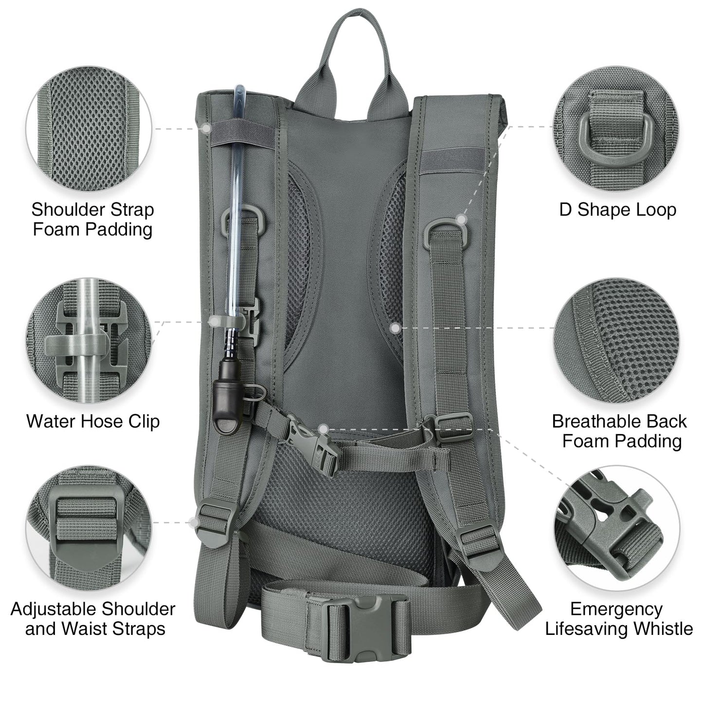 NOOLA 3L Hydration Backpack, Water Backpack with TPU Water Bladder, Tactical Hydration Pack for Men Women, Molle Water Backpack for Hiking, Biking, and Hunting, Grey