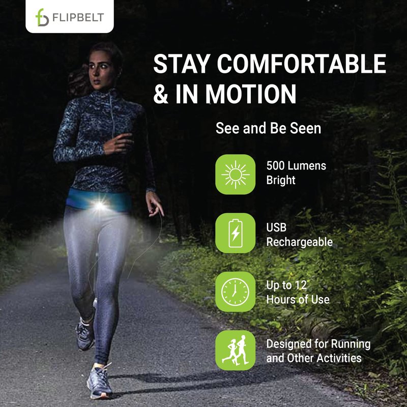 FlipBelt Night Running Light Waist Lamp | USA Company | USB Rechargeable, 500 Lumens, Waterproof, Adjustable Brightness | White LED Lights for Runners