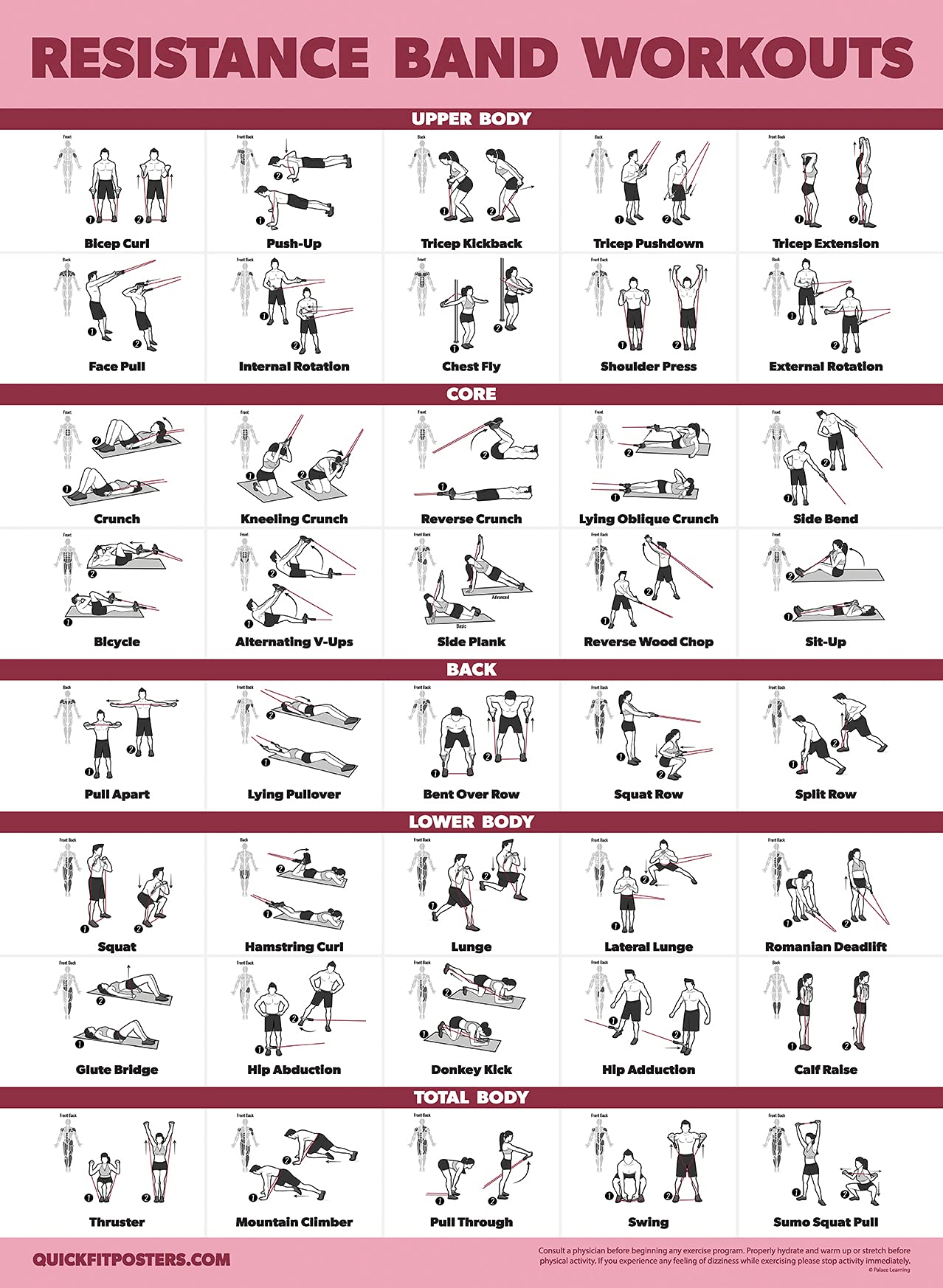 Palace Learning 20 Pack - Exercise Poster Set: Dumbbell, Suspension, Battle Rope, Stretching, Bodyweight, Barbell, Yoga, Exercise Ball - (LAMINATED, 18” x 24”)