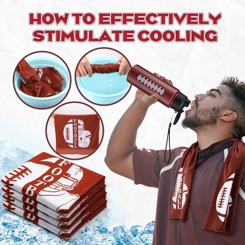 Reallnaive 24 Pcs Sports Water Bottle Cooling Towel Set Include 12 Reusable Sports Squeeze Water Bottle 12 Ice Towel Breathable 40"x12" Cooling Towels for Soccer Team Gift (Football)