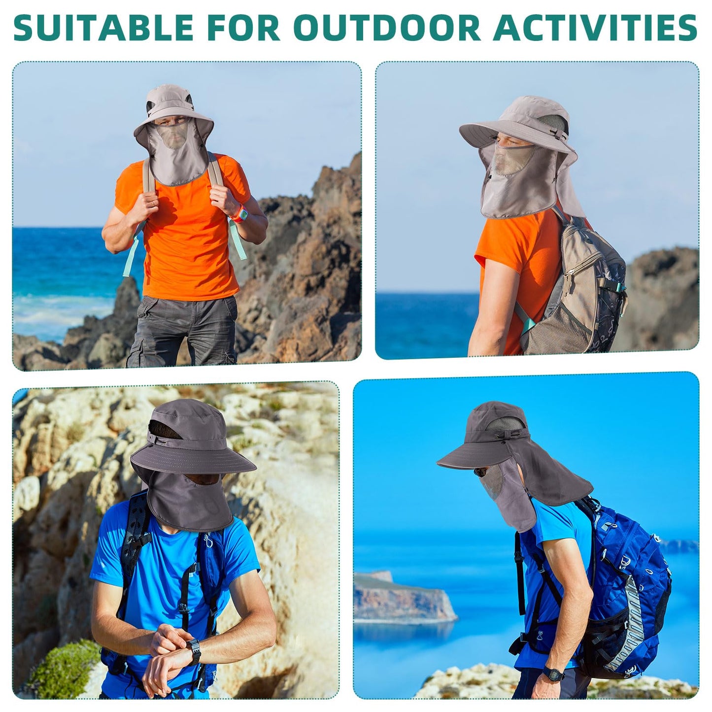Cuffbow 3 Pcs Sun Hat for Men Women with Neck Flap Breathable Wide Brim Bucket Hat UV Protection UPF 50+ Fishing Hiking(Dark Gray, Gray, Army Green)