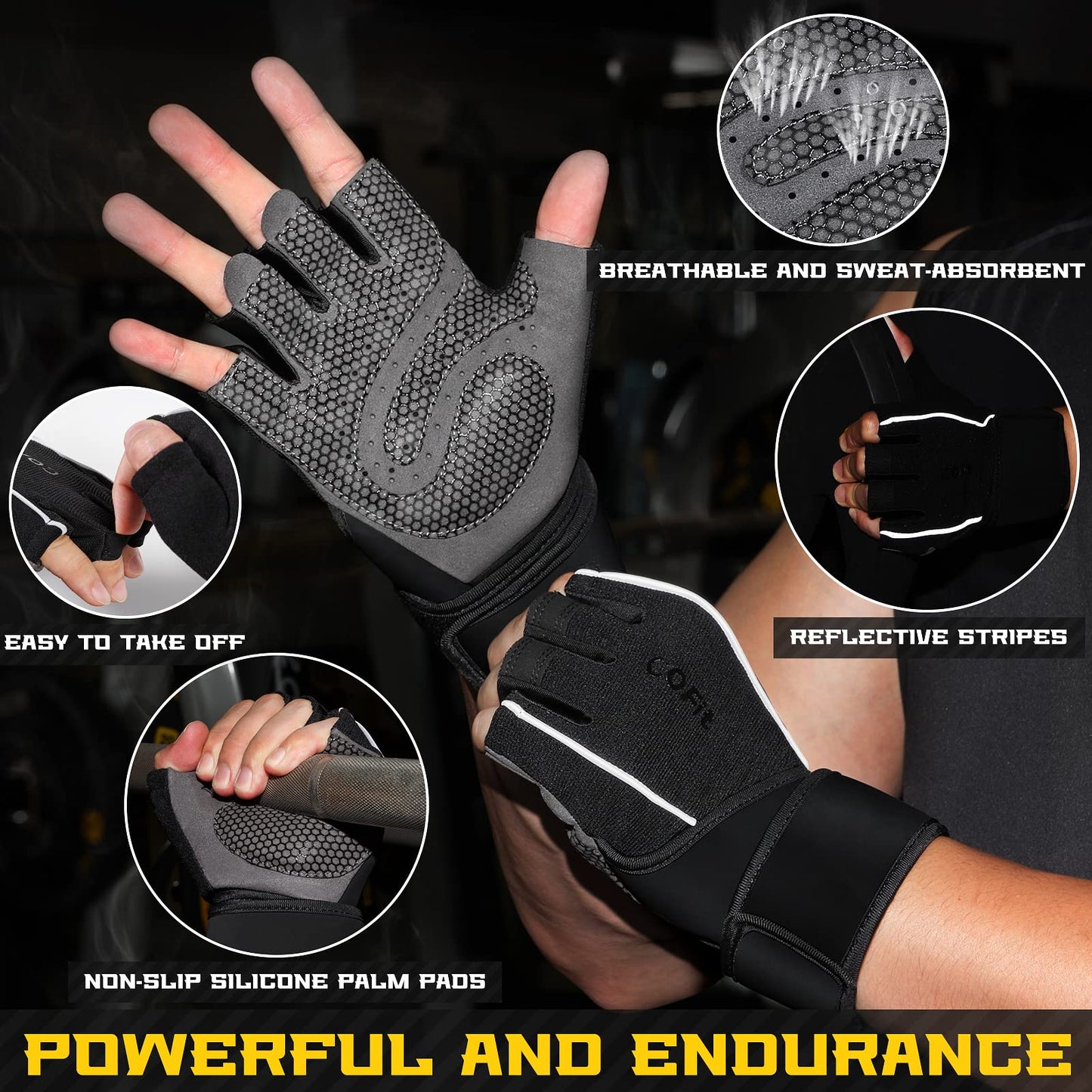 COFIT Gym Workout Gloves with Wrist Wrap Support for Men & Women, Anti-Slip Fitness Gloves Provide Full Palm Protection for Weightlifting, Training, Excercise, Hanging, Pull ups, Dumbbell - Black L
