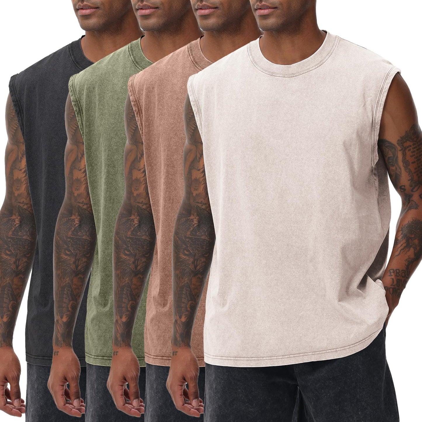 SnowElve 4 Pack Mens Workout Tank Tops Sleeveless Tee Shirts Men Muscle Shirt Gym Acid Wash T Shirts Running Beach Loose Fit Tee(BKAGCFBG,XL)