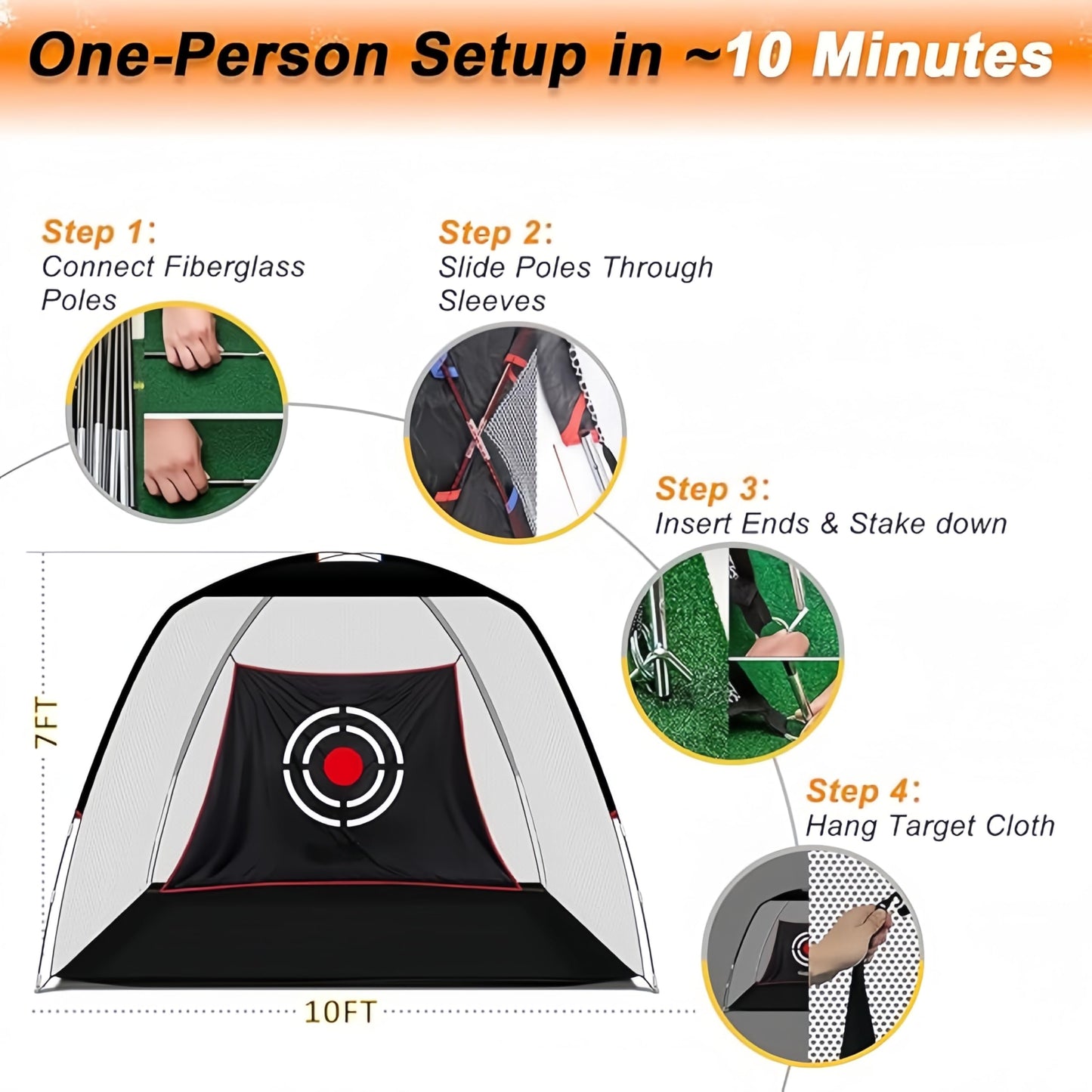 PGL Golf Practice Net - 10x7ft High Impact Knotless Netting with Target Goal and Portable Carry Bag - Driving Hitting Training Aid for Backyard Indoor Outdoor