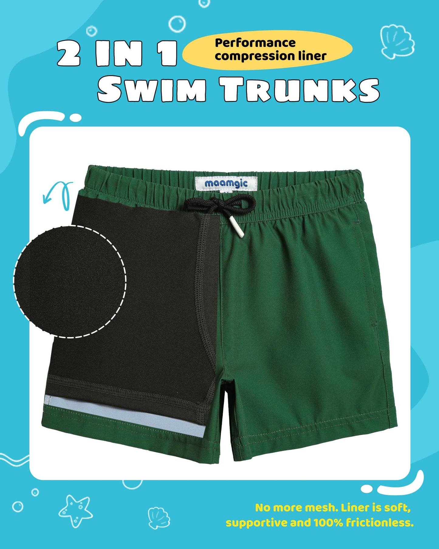maamgic Boys Swim Trunks with Compression Liner Toddler Stretch Swim Shorts Quick Dry Swimming Trunks Boxer Brief 2 in 1 Beach Shorts Dark Green 5/6