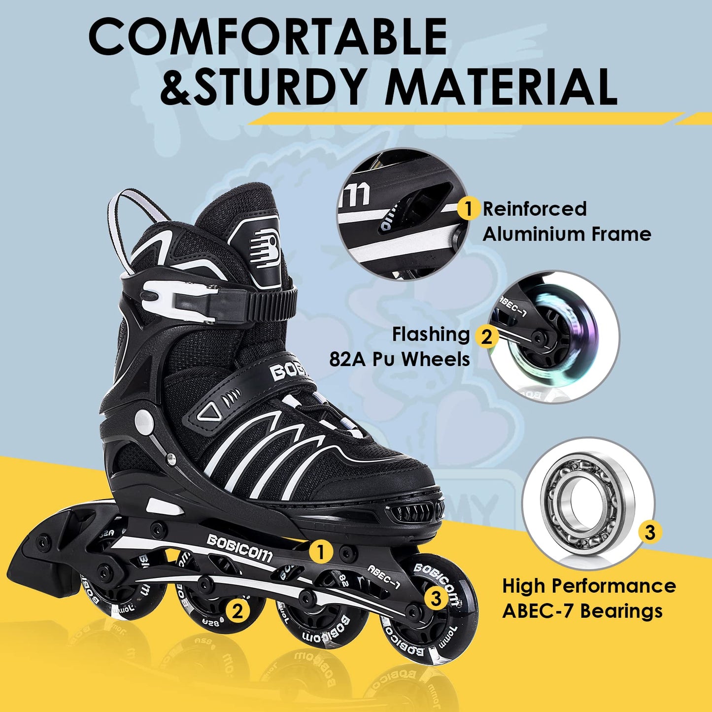 BOBICOM Adjustable Inline Skates with Full Light Up Wheels,Outdoor Illuminating Roller Skates for Kids and Adults, Girls and Boys, Men and Women, Black L