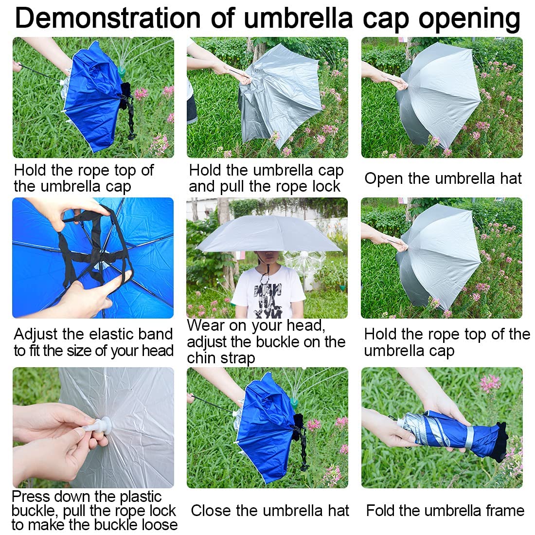 NEW-Vi Fishing Umbrella Hat Folding Adjustable Sun Rain Cap, 37.4”Oversize Hands Free Umbrellas, 7-Ribs Anti-UV Waterproof Headwear for Fishing Gardening Golf Sunshade Outdoor- Black