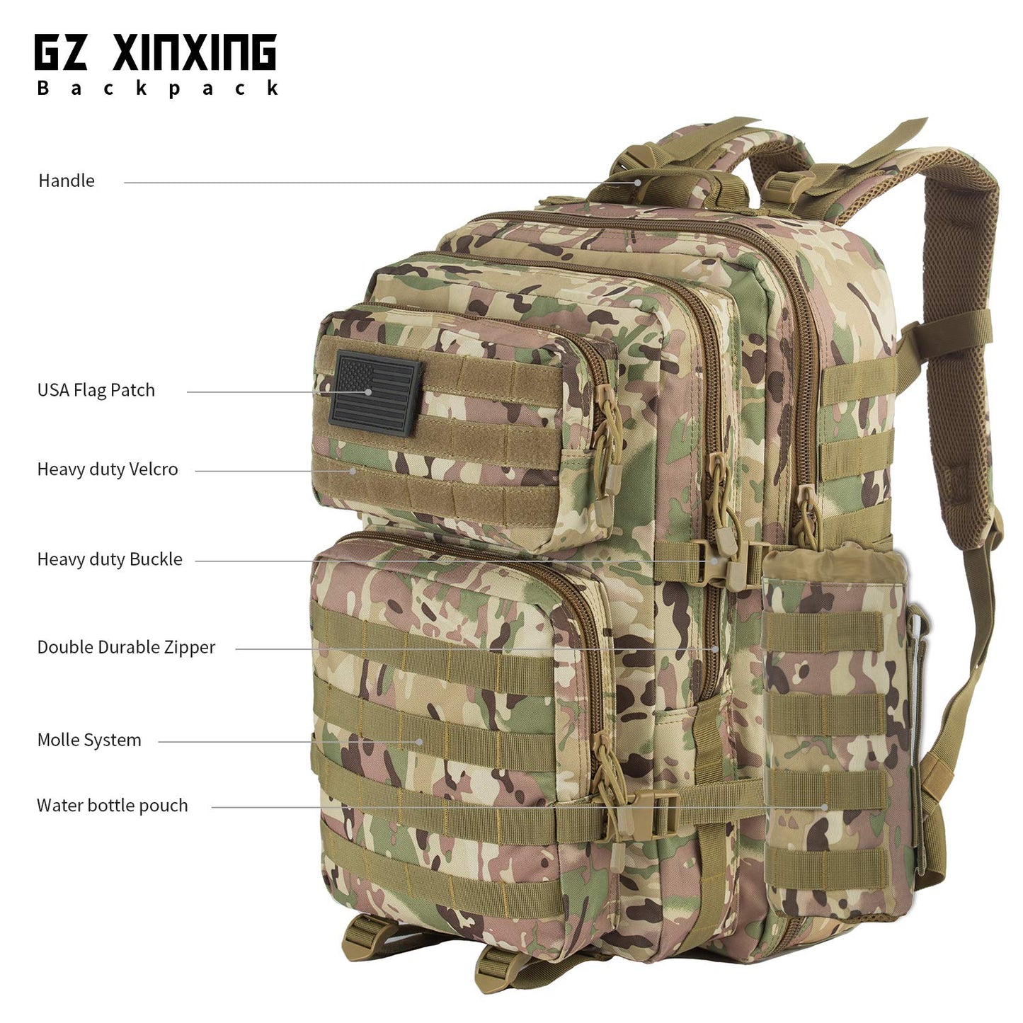 GZ XINXING 45L Large 3 day Molle Assault Pack Military Tactical Army Backpack Bug Out Bag Rucksack Daypack (CP)