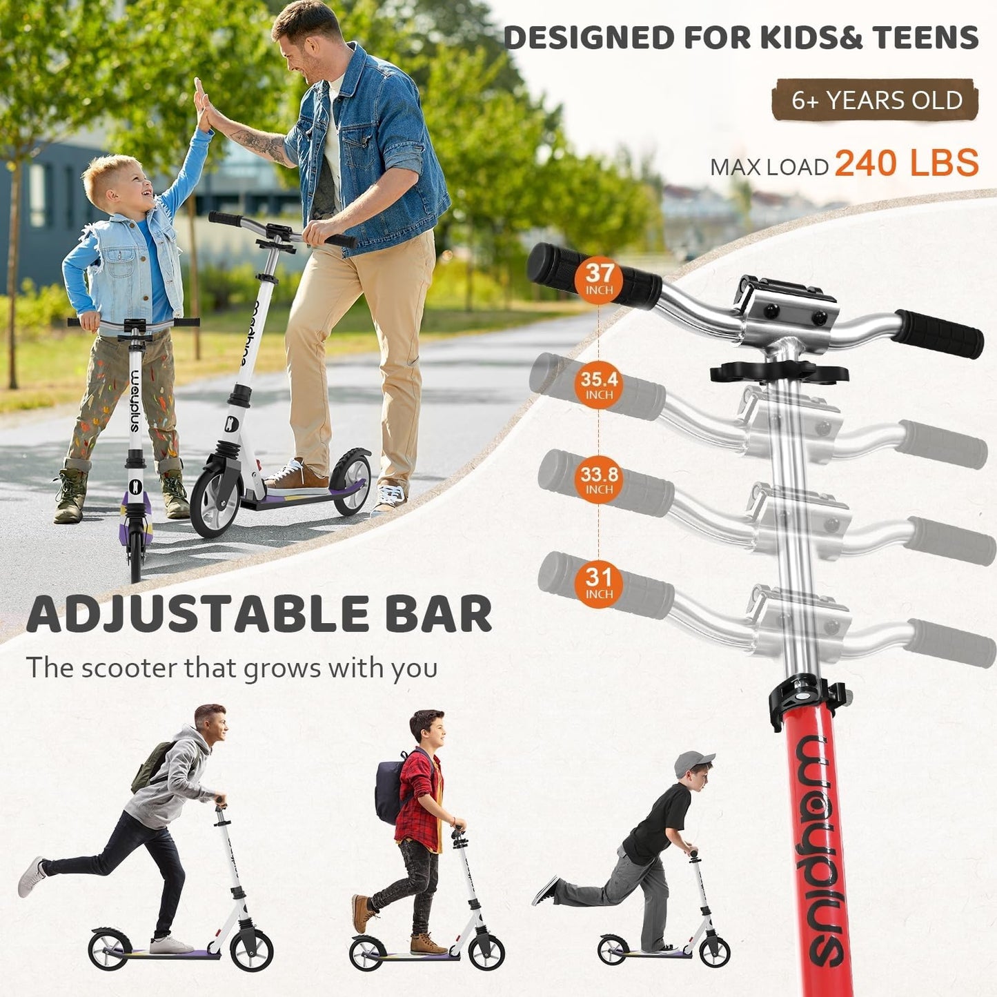 WAYPLUS Lightweight Kick Scooter for Kids, Teens and Adults, Foldable, 8-Inch Non-Slip Deck, ABEC9 Bearing, Adjustable Height 3.9-6.2FT, Red