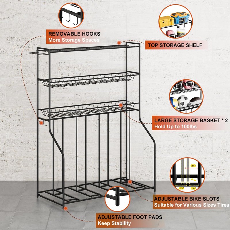 Kificet 4 Bike Stand, Bike Rack Garage with 3-Tier Storage Rack, Bicycle Stand for Garage Organizer, Indoor Sporting Gear Storage Station for Mountain/Road/Hybrid & Fat Tire Bike, Patent Pending