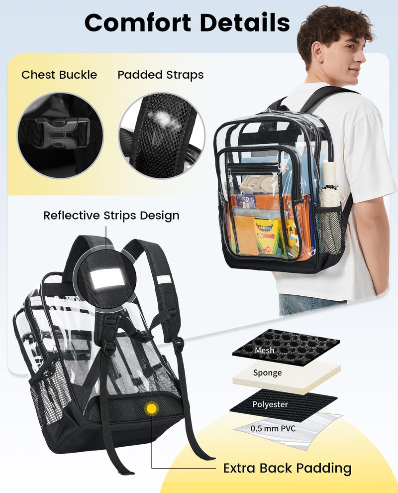 Vorspack Clear Backpack Heavy Duty - Extra Large Clear Backpacks with TSA Lock Transparent See Through Bookbag for College, Work, Travel - Black