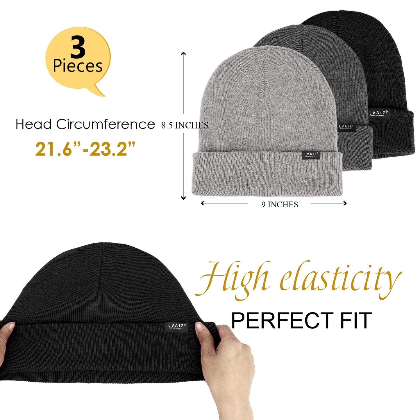 3 Pack Satin Lined Beanie Hats for Women Men Winter Silk Lined Soft Warm Knit Cuffed Beanies Cotton Crochet Slouchy Skull Cap
