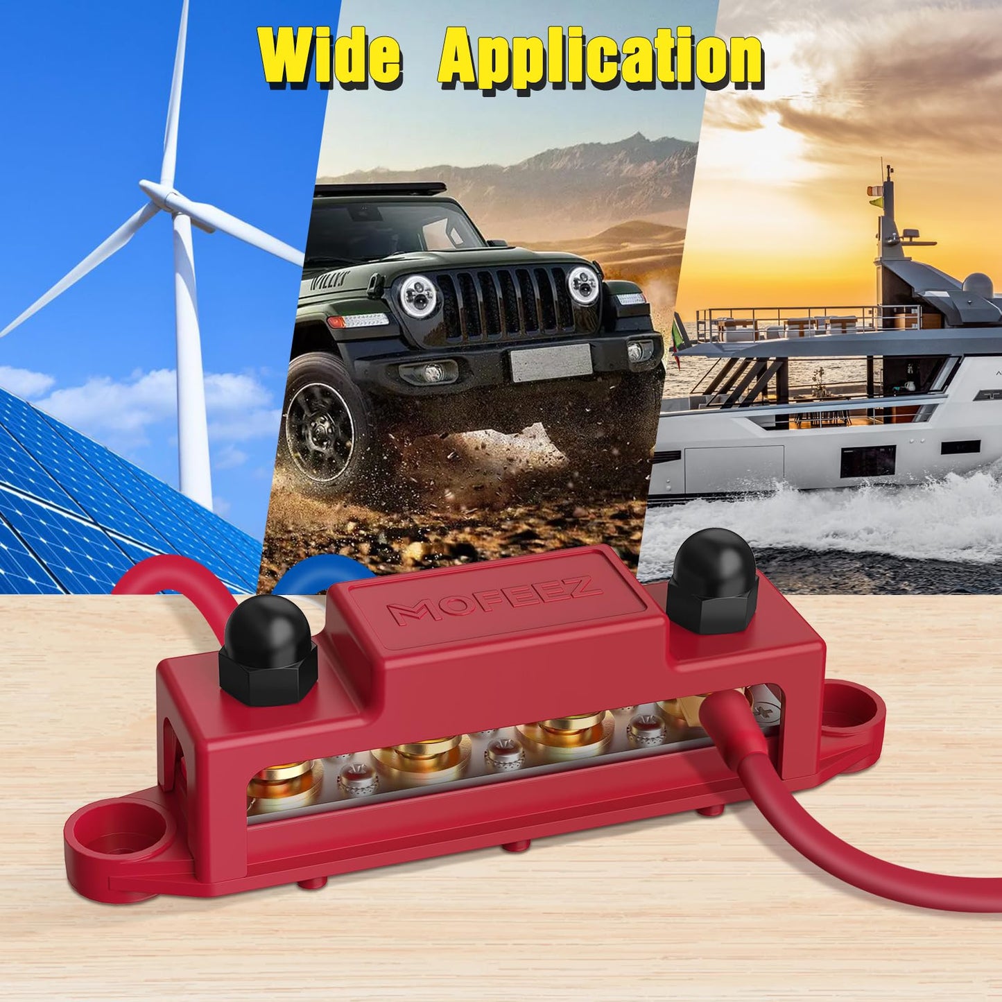 MOFEEZ Power Distribution Block Bus Bar, 4 x 5/16" Posts, 6 x #8 Screws Terminals, Max 48V 250A (Pair, Red & Black)