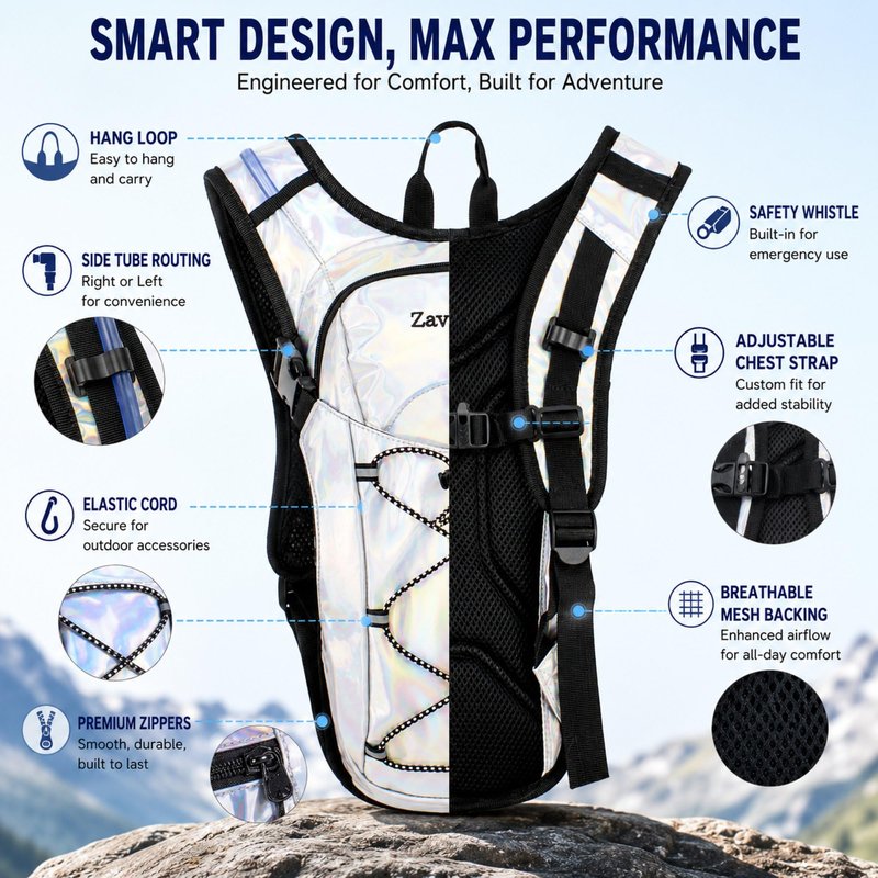 Zavothy Rave Hydration Backpack Lightweight Water Backpack for Cycling Running Hydration Pack Hiking Backpack with 2L Water Bladder White