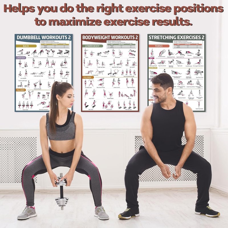 Workout Posters for Home Gym - 6PCS Dumbbell & Bodyweight Exercise Charts | Ideal for Stretching