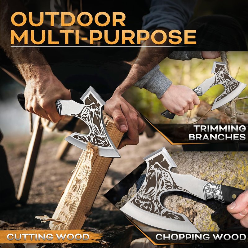 Grumpy Bear Tactical Axe, Camping Survival Hatchet, Full Tang Tomahawk with Sheath, Multifunctional Outdoor Hiking Heavy Duty Hatchet for Emergency, Hiking and Camping, for Men Women