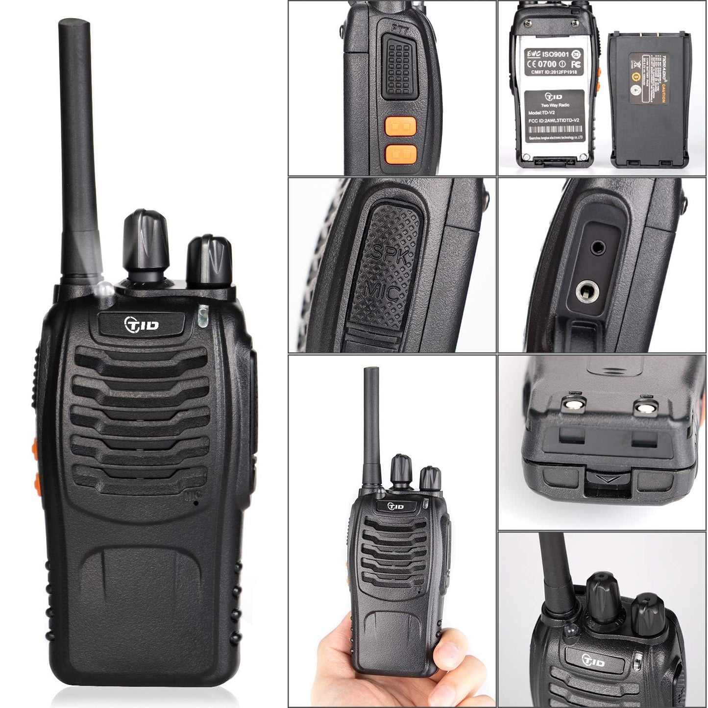 TIDRADIO TD-V2 Walkie Talkies for Adults Long Range, Rechargeable Two Way Radio Earpiece with MIC,16 Channels Handheld Walkie-Walkie(2 Pack, Black)