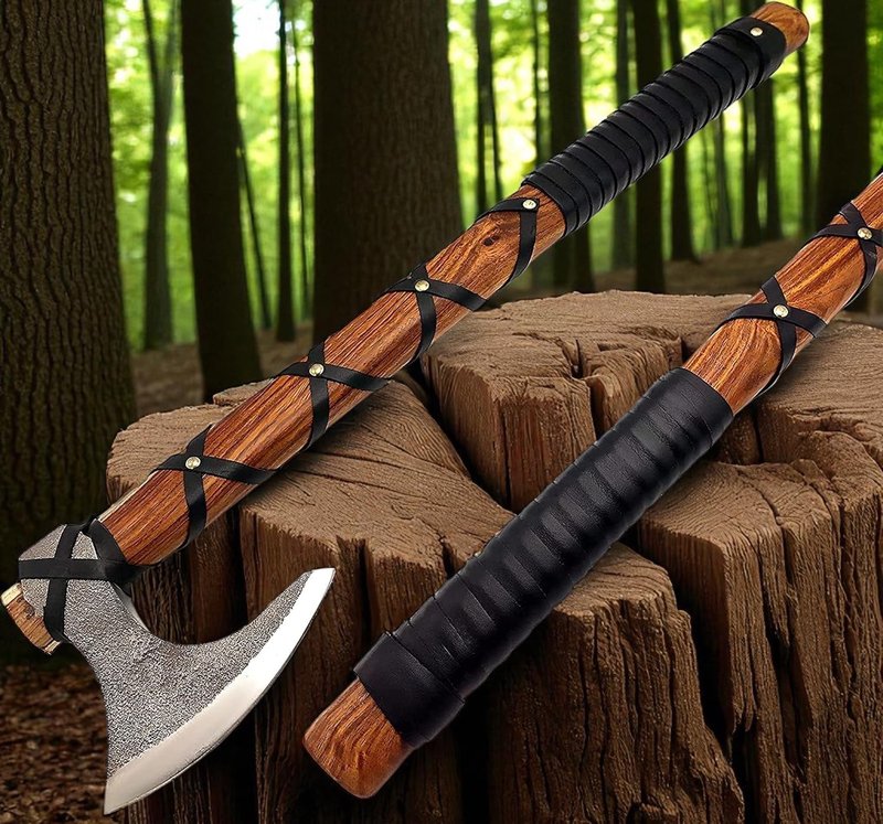 Poshland AX-7000 Custom Gift Forged Carbon Steel Viking Axe with Rose Wood Shaft, Viking Bearded Camping Axe (AX-7000) (AX-5936)