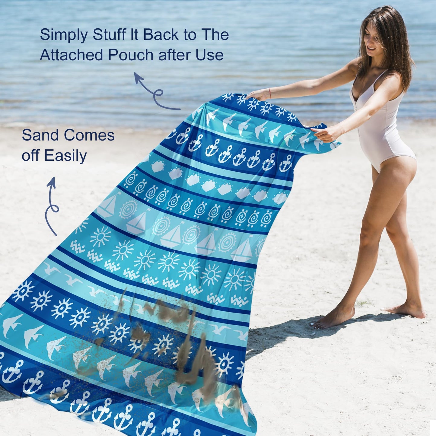 WTVIDAS Large Beach Blanket Waterproof Sandproof 79"x 83" for 1-4 Adults,Quick Drying Beach Mat,Lightweight & Durable,Beach Essentials for Family Beach Camping Travel Picnic (Blue Stripe)