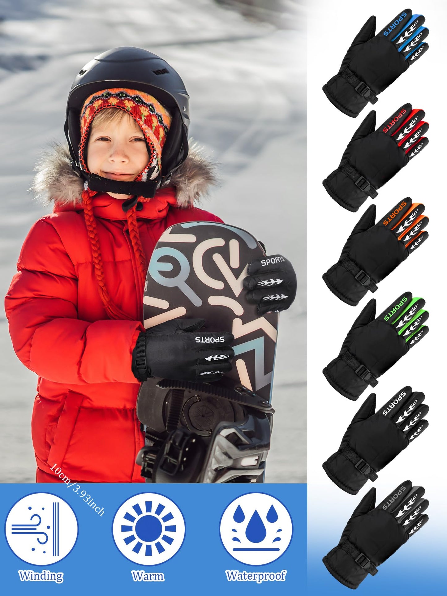 SATINIOR 6 Pairs Kids Winter Gloves Waterproof Ski Gloves Snow Warm Full Finger Snowboard Unisex Gloves for Cold Weather Boys Girls (Elegant Color,7-12 Years)