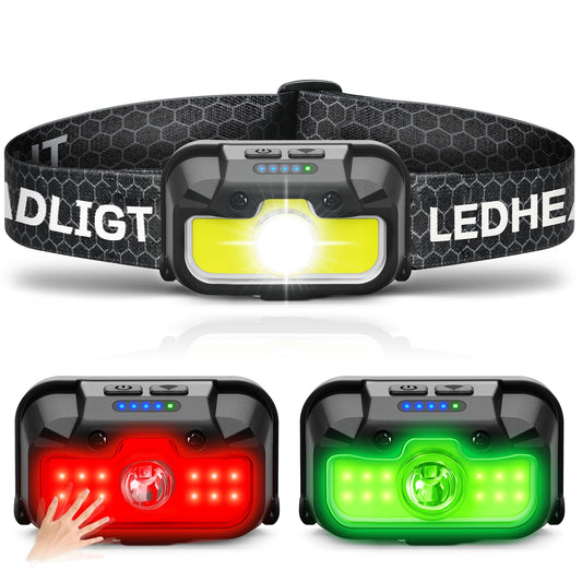 Headlamp Rechargeable, 1300 Lumen Ultra-Light Bright White Red Green Headlamp, 14 Modes Adjustable Waterproof Motion Sensor Headlight for Outdoor Camping Hunting Running Hiking Cycling