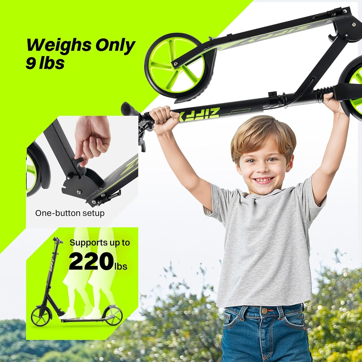 JOVA ZIFFY Kids Scooter - Foldable Kick Scooter with Hand Brake | 4 Adjustable Heights, Lightweight Design, Supports 220 lbs