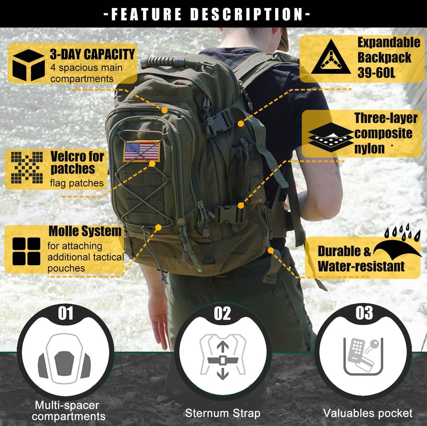 Miramrax Tactical Backpack Military Army Daypack - Assault Pack for Men Molle Backpacks Bug Out Bag 3 Day Pack for Hiking Camping Travel Hunting Rucksack Trekking Green