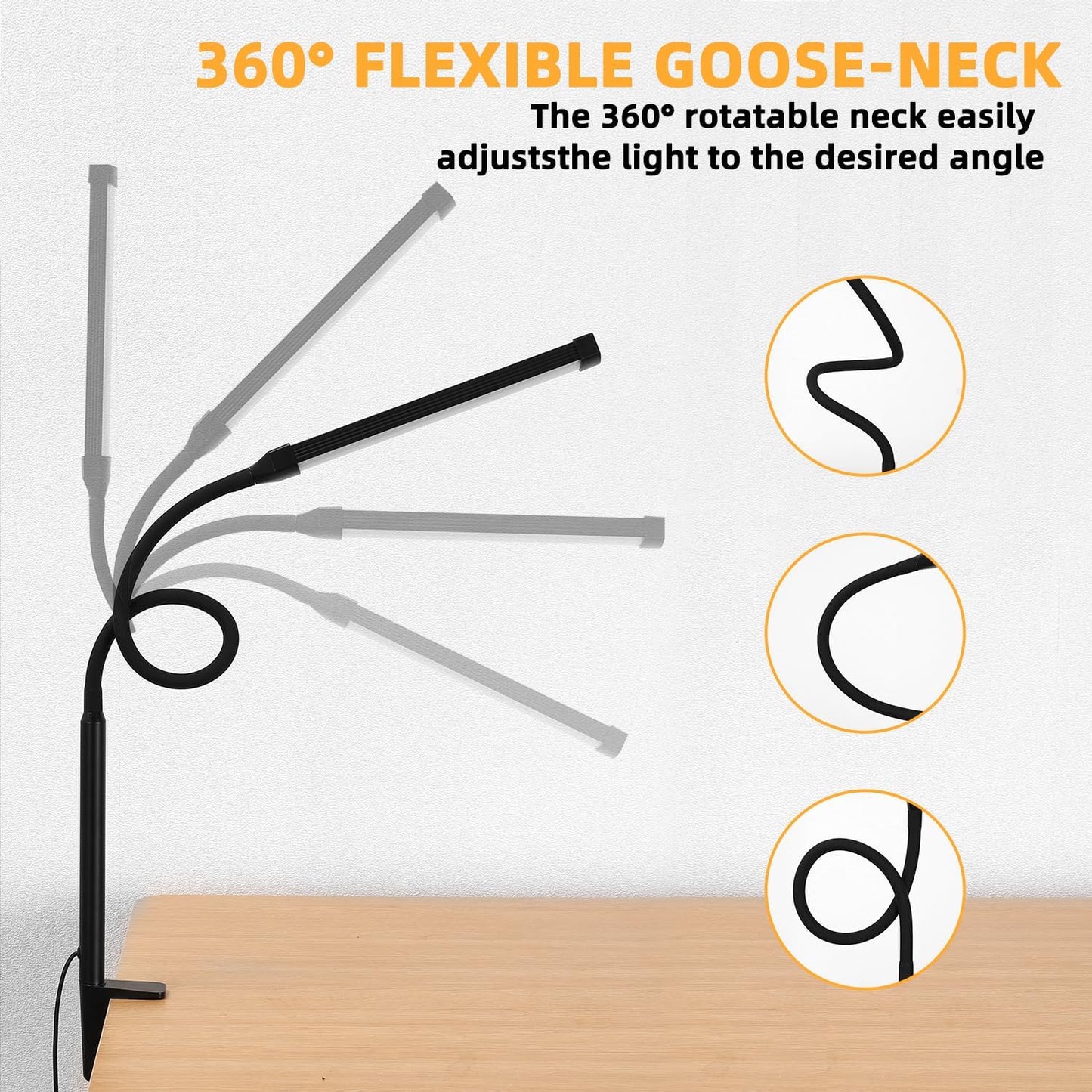 LED Desk Lamp with Clamp - Eye-Caring Clip-On Light for Home Office | 3 Modes, 10 Brightness Levels, Flexible Goose-Neck, Metal, Black