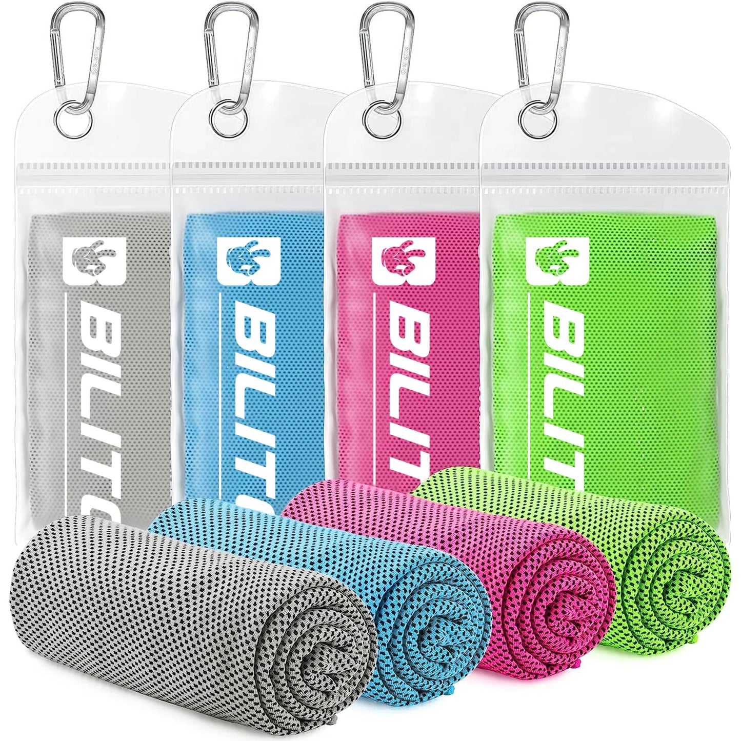 BILITOK Superfiber Ice Towel Neck, Soft Breathable Cold Towel Cooling, Yoga, Sports, Golf, Gym, Camping, Running, Fitness, Exercise and More Activities, 4 Packs (Blue/Green/Rose red/Gray)