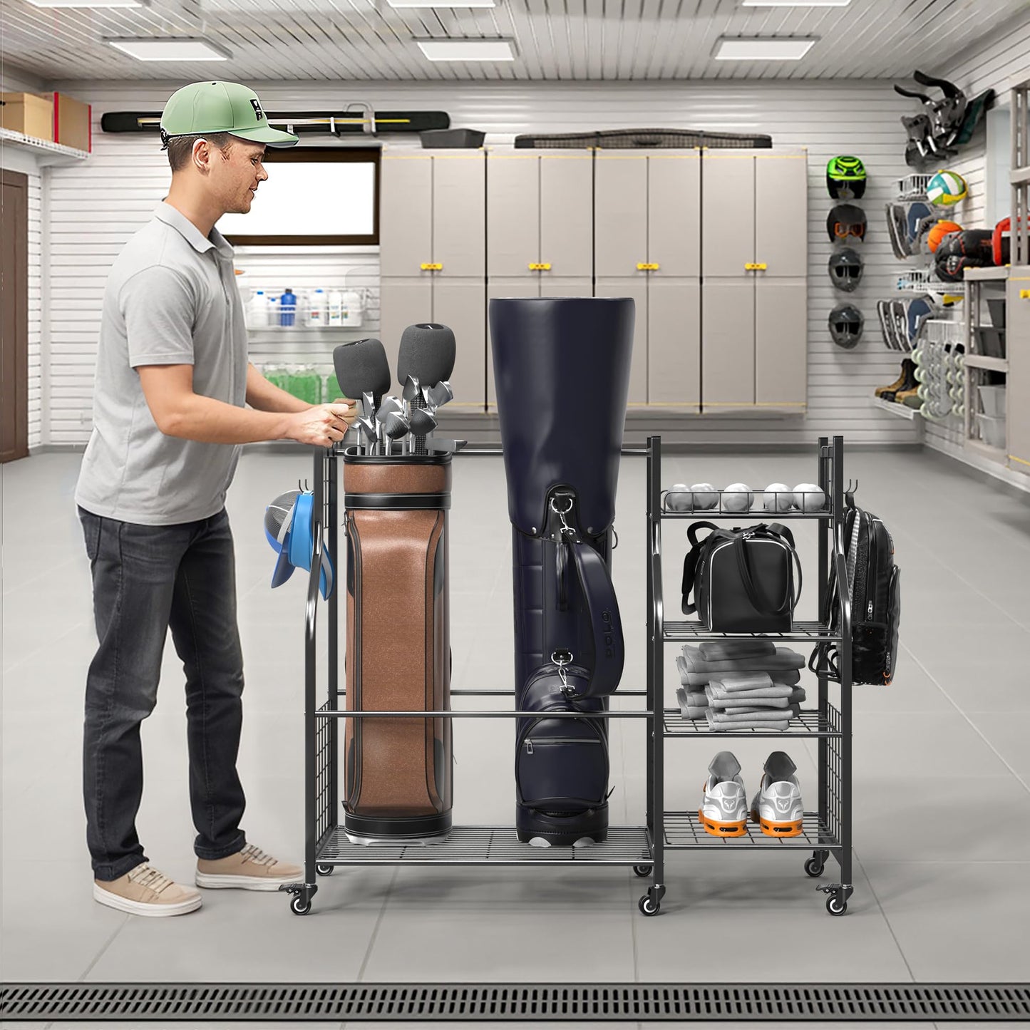 EVERHANGER Golf Bag Storage Organizer, Freestanding Golf Bag Holder Stand, Heavy Duty Golf Storage Rack for Garage, Club