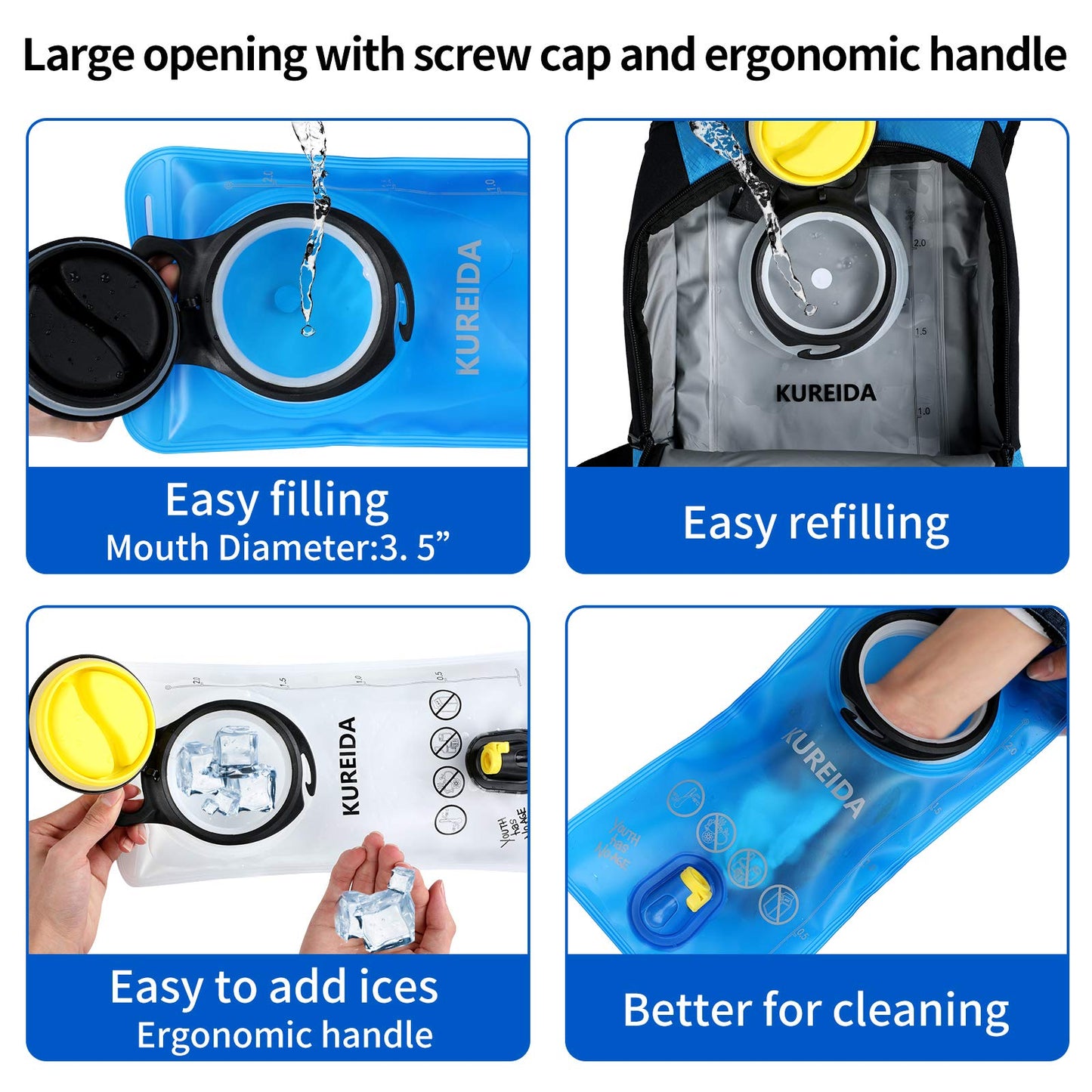 KUREIDA Hydration Bladder 2 Liter,Water Bladder with Insulated Tube,BPA Free,Leak Proof,Hydration Reservoir for Hiking,White and Blue.