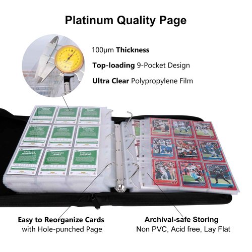 Rieton 9 Pocket 1000+ Pockets Sports Card Binder, 9 Pocket Trading Card Album with 112 Double-Sided Clear Pages & Metal D-Rings