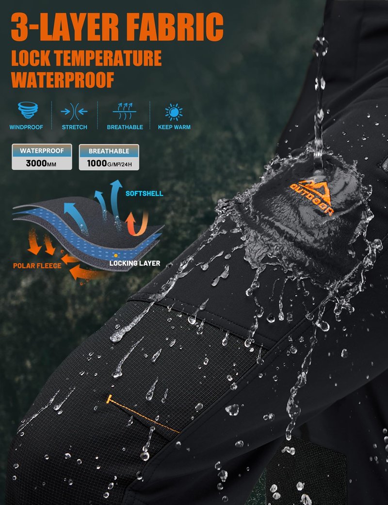 TACVASEN Snow Pants Men Snowboard Winter Warm Hiking Pants Insulated Fleece Lined Pants Softshell Outdoor Work Pants 38 Black